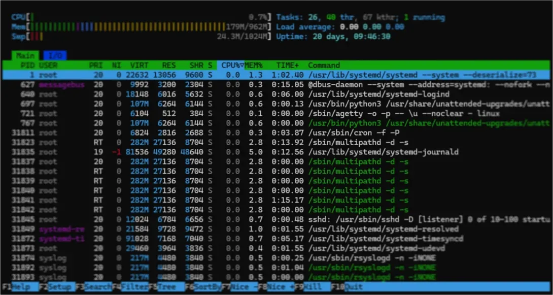 Linux terminal htop command